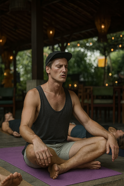 Man sitting on a purple mat in a dimly lit outdoor setting with string lights, doing brethwork.